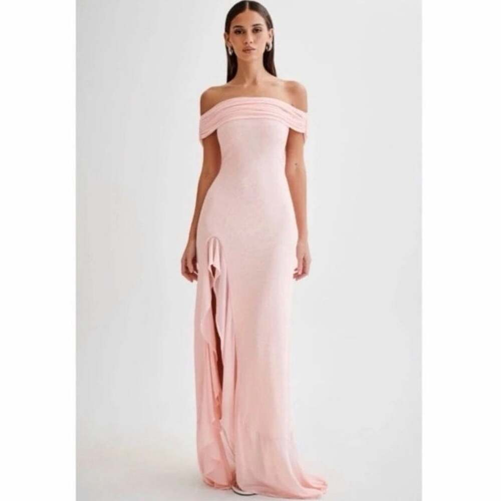 NWT Meshki Audrey Off Shoulder Mesh Maxi Dress Pale Pink Size Medium